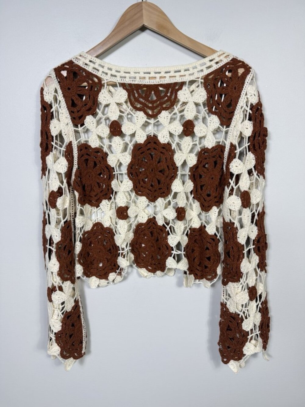 Rebellion Again Crochet Sweater Womens L Brown White Floral Open Boho Festival - Picture 8 of 11